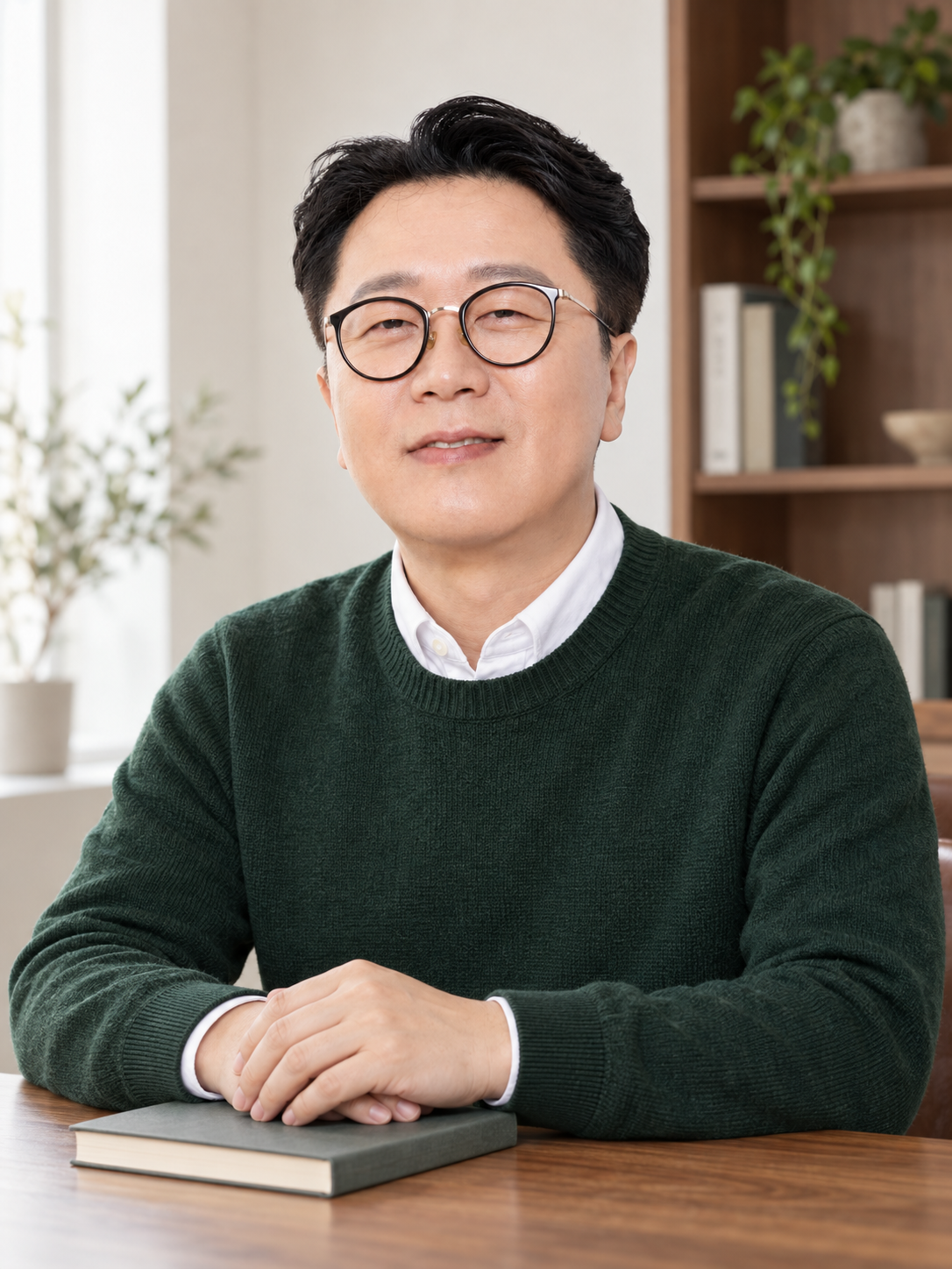 초록 니트를 입고 밝은 서재에 앉아 있는 고상철의 AI 연출 프로필
