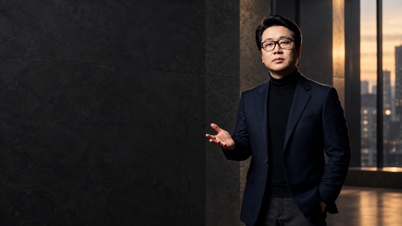 차분한 공간에서 손을 펼쳐 설명하는 고상철의 AI 연출 프로필